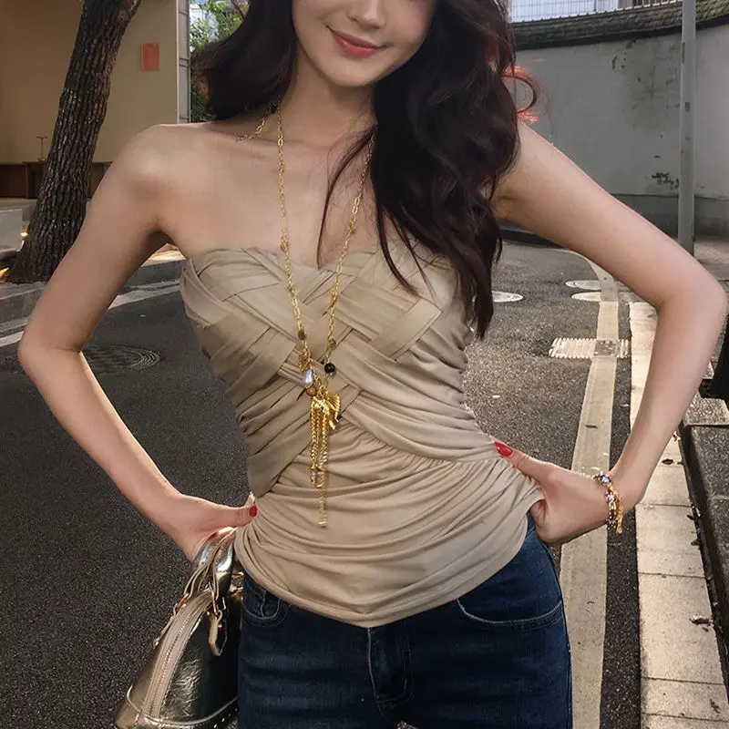 

Summer New Versatile Woven Strapless Design, Niche Pleated Waist Slimming and Slim Fit Top