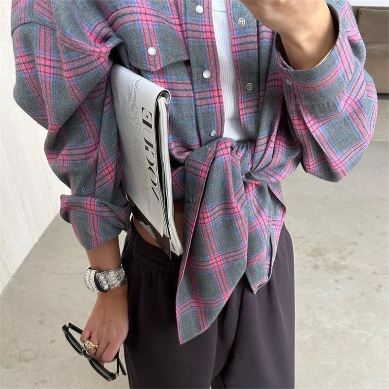 Vintage Karierte Bluse Damen Frühling Sommer Koreanischer Stil mit Taschen Langarm Revers-Hemd Mode Streetwear Y2K Kleidung 2026 Übergroße Oberteile – Detail 8