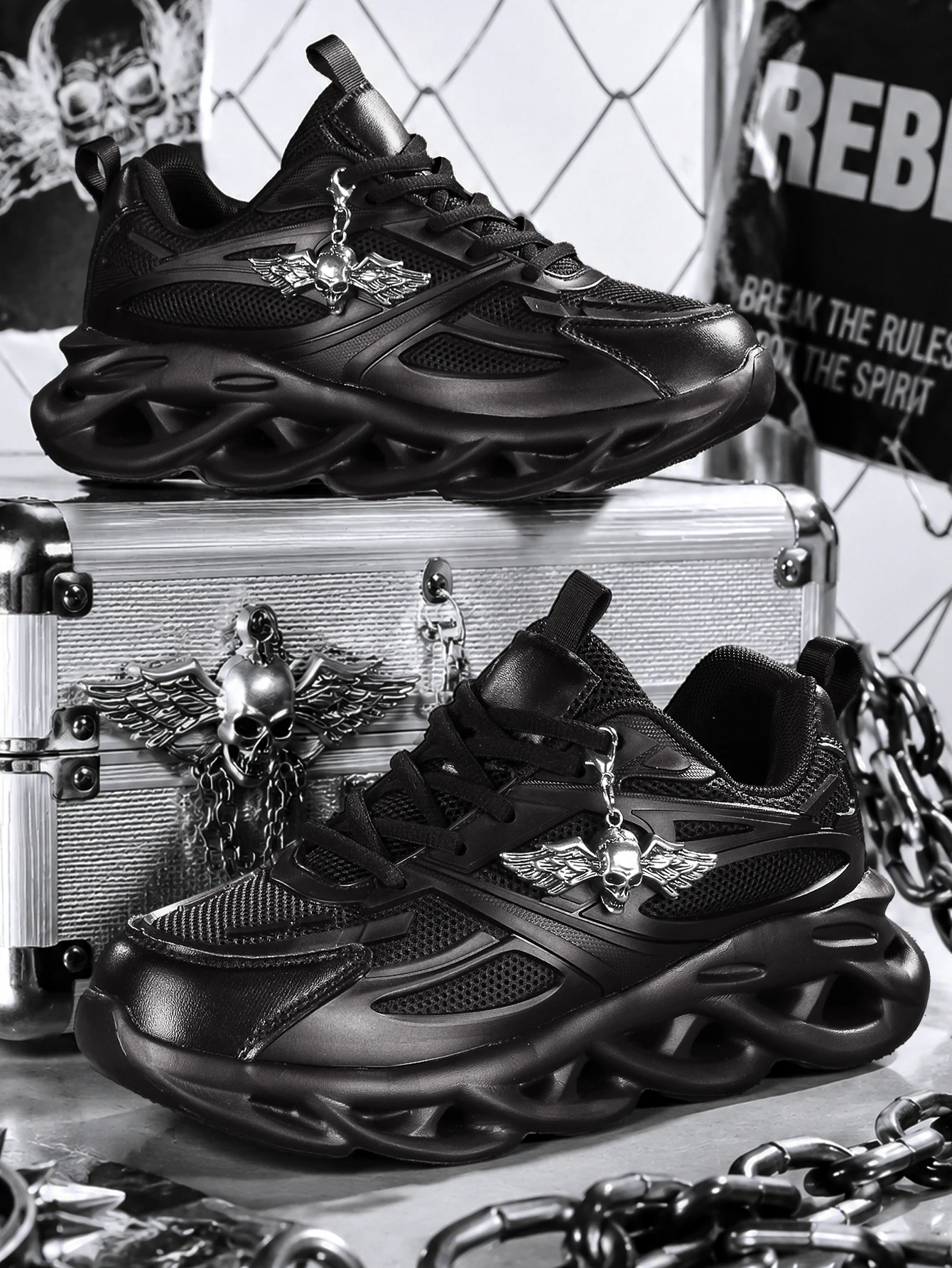 Women's 2026 New Punk-Style Thick-Soled Vulcanized Shoes with a 5cm Height Increase, Dark Style Sweet-Cool Spicy Girl Sneakers, Versatile Casual Trendy Shoes, Breathable Mesh Fabric with Matte Leather Upper, Detachable Silver Angel Skull Metal Pendant, Round Toe Lace-Up Design, Eva Cushioning Wave Sole, Unisex, Suitable for All Seasons, Student Party Commute Street Style - view 2