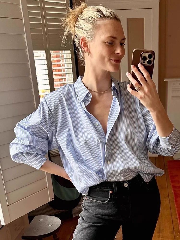 

Autumn Women Blue Striped Blouse Top Embroidery Turn-down Collar Long Sleeve Single Breasted Loose Casual 100% Cotton Shirt