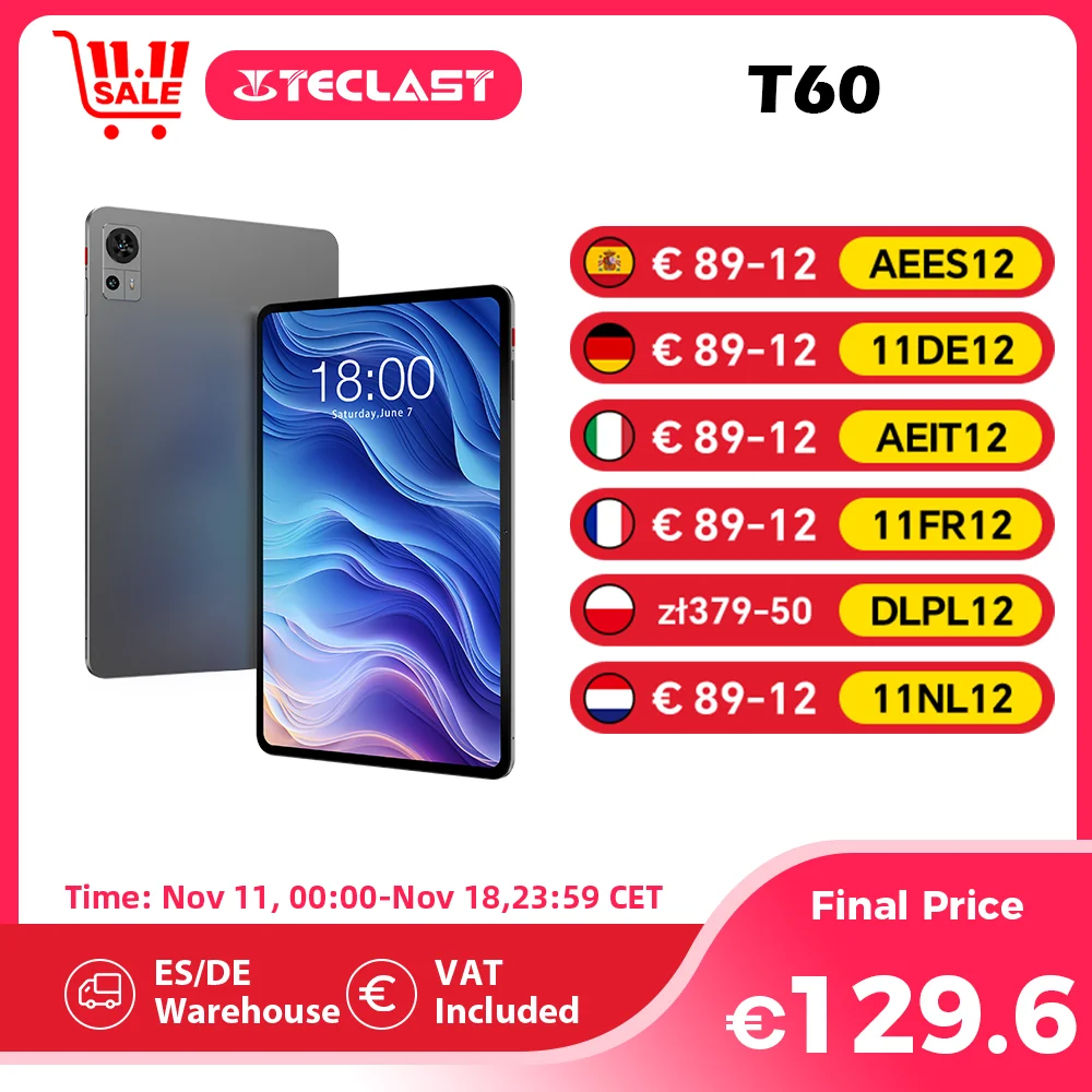 Teclast T60 12 inch Tablet Android 14 2000x1200 Fully Laminated T616 8 Core Max 20GB RAM 256GB ROM 4G LTE Dual SIM type C 8000mAh Widevine L1