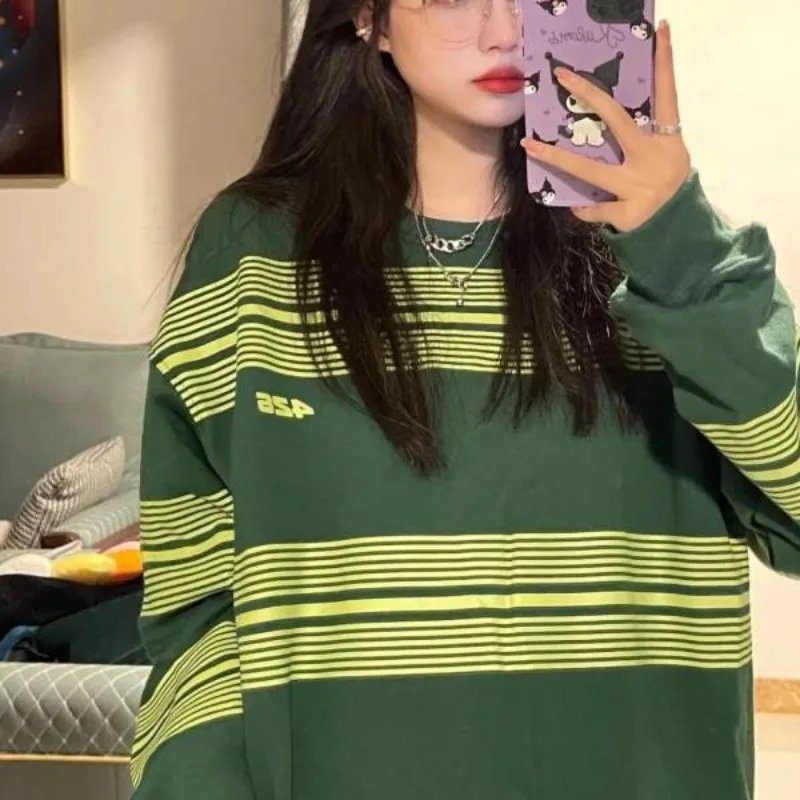 Spring and Autumn Women's Pullover Round Neck Stripe Print Loose Hip Hop Retro Casual Fashion Elegant Commuter Long Sleeve Tops