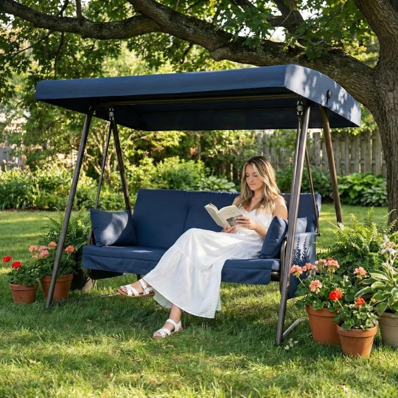 

2026 New：Porch Swing Sofa Bed with Stand and Canopy, Outdoor 3-Swing Heavy Duty, Patio Large Swing Bed with Rai