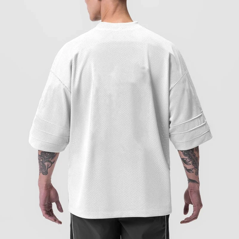 Mesh V Neck Oversized Half Sleeve Fitness T Shirt Mens Streetwear Hip Hop Fashion T-shirt Loose Gym Clothing Bodybuilding Tshirt