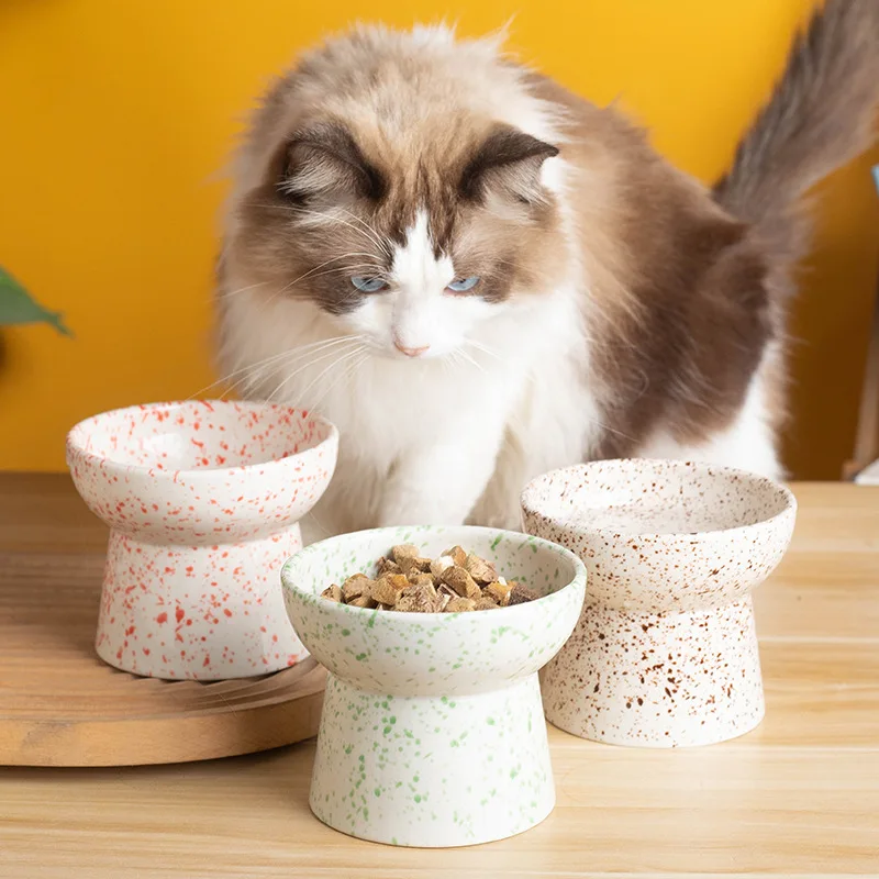 High Cat Bowl Ceramic Pet Bowl Neck Protection Flat Bowl Cat Food Bowl Dog Food Bowl Cat Feeder Pet Supplies