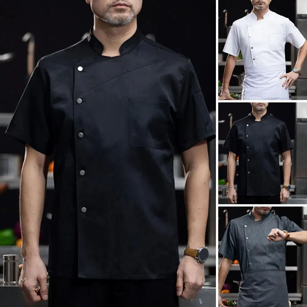 Chef Shirt Professional Chef Uniform with Stand Collar Short Sleeves Patch Pocket Durable Breathable Work Clothes for Cooks