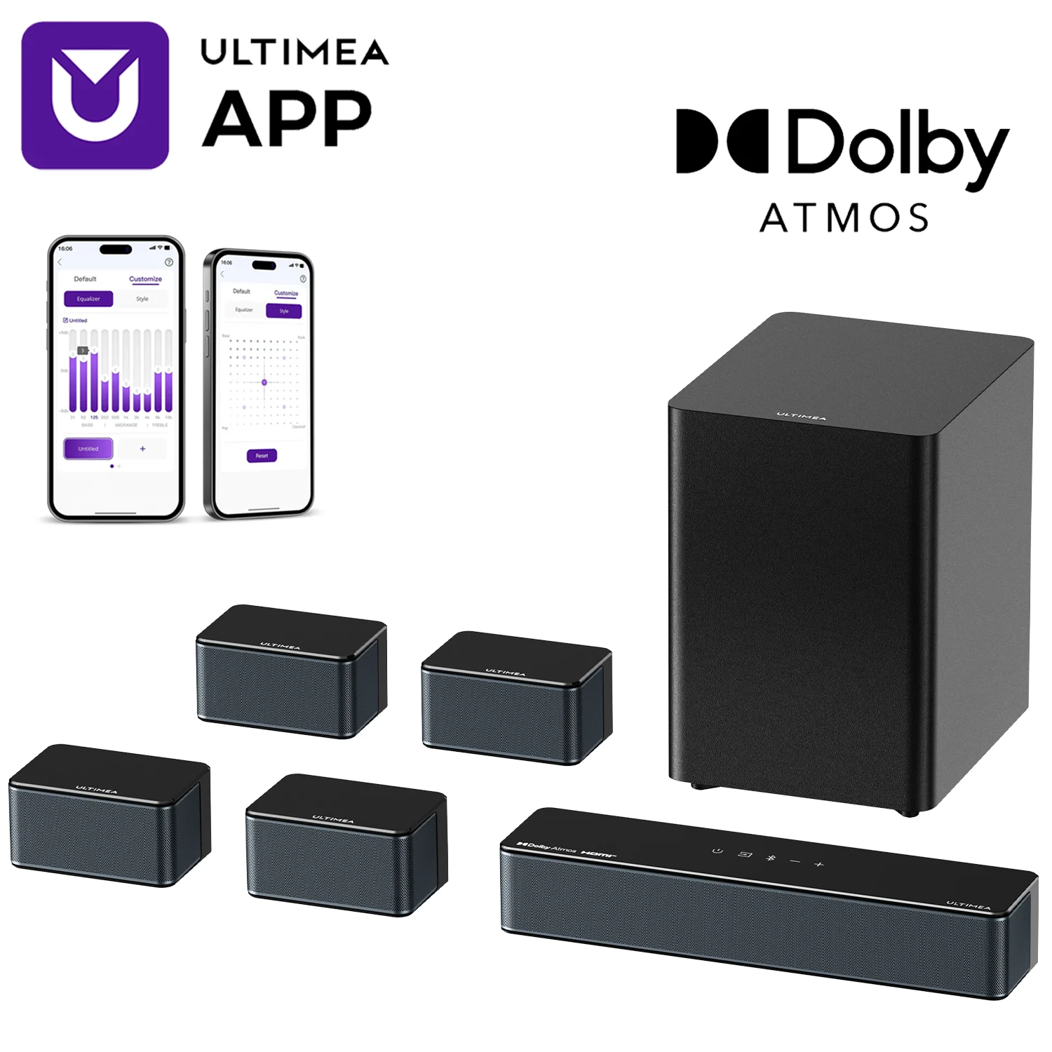 ULTIMEA 7.1ch Dolby Atmos Soundbar الصوت المحيطي، مضخم صوت لاسلكي و4 مكبرات صوت محيطة، تقنية BassMX