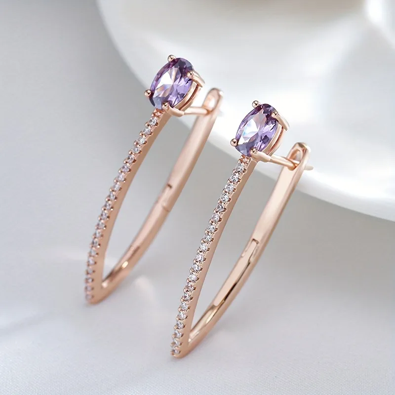 Elegant V-shaped Earrings Rose Gold Small Transparent Earring Rectangular Purple Color Pendant Earrings Suitable Wedding Parties