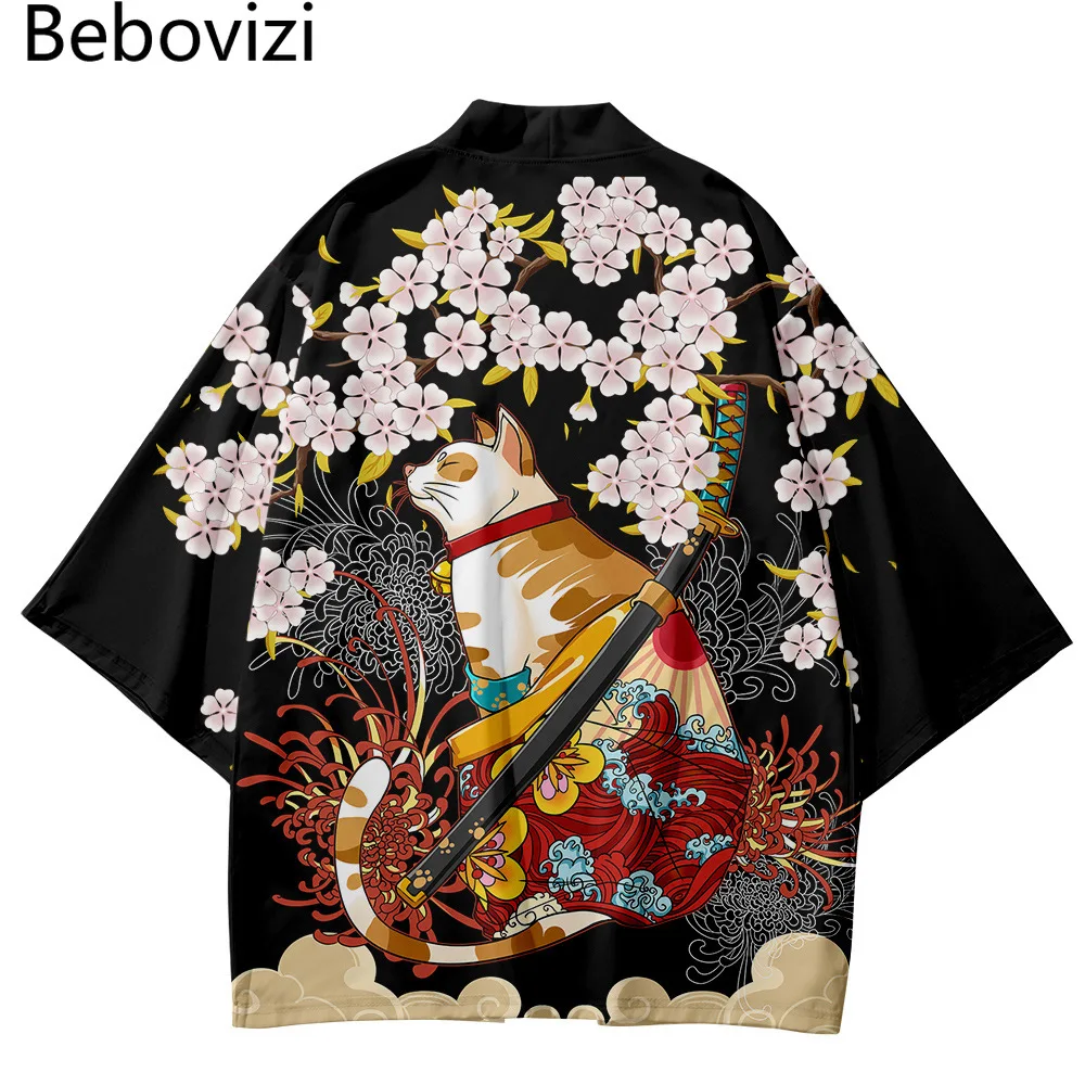 

Japanese Streetwear Cardigan Women Cat Print Shirt Asian Robe Kimonos Harakuju Vintage Samurai Costume Men Haori Yukata Clothing