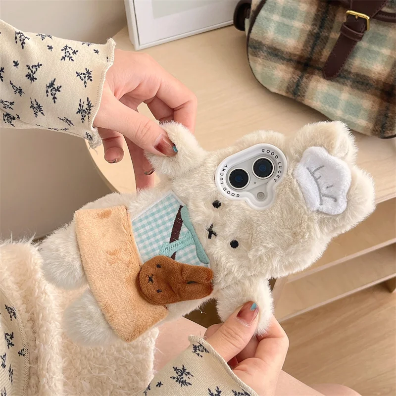 Fluffy Fuzzy Plush Fur Case For iphone 16 pro max Cute rabbit for iphone 15 12 14 13 Pro Max 14Pro 15PM warmth Soft Cover Girl