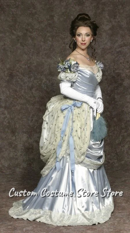 

Historic Victorian Prom Dresses Snap Shoulder Satin Blue Lace Trim Pleated Tulle Bow Trimmed Vintage Evening Dresses Customized
