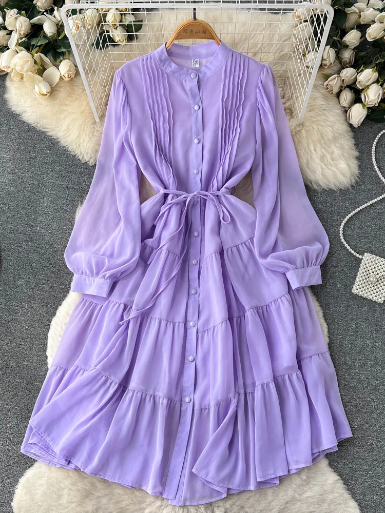 Spring Autumn Women Purple/Yellow/Blue Draped Chiffon Midi Dress Elegant Stand Collar Single Breasted Lantern Sleeve Vestido New