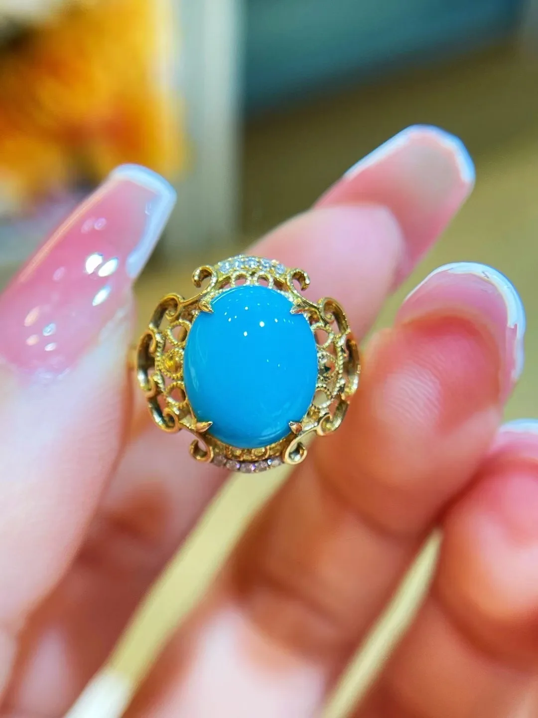 natural turquoise ring 18K yellow gold with diamond genuine jewelry fine women jewelry free shipping