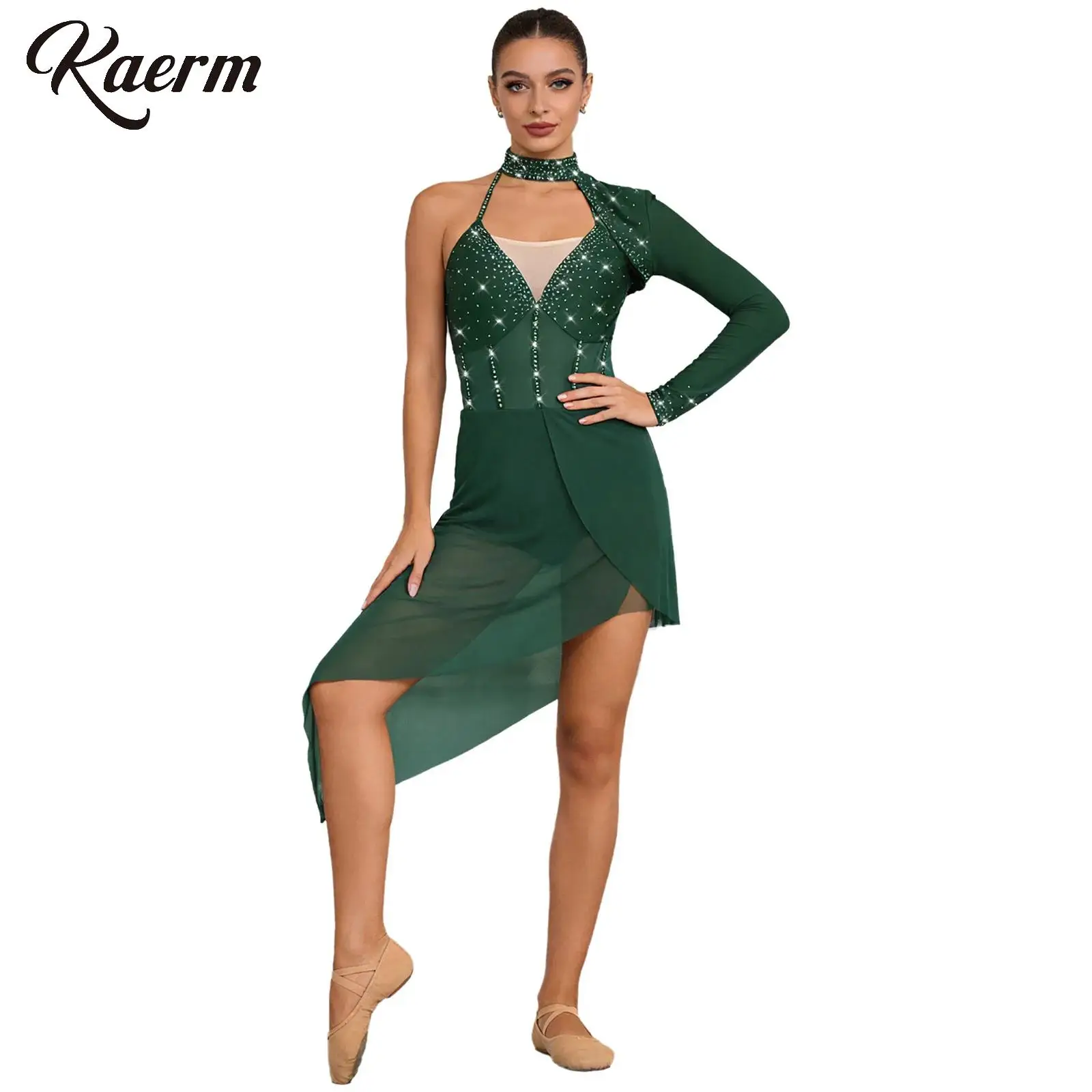 

Women Artistic Figure Skating Ballet Lyrical Dance Dress One Shoulder Long Sleeve Rhinestones Gymnastics Leotard dance Costume