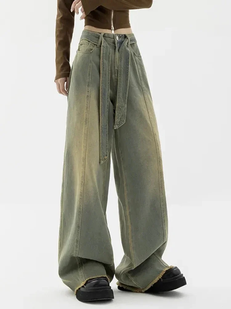 

Y2K Vintage Loose Ragged Edge Jeans Women Summer Fashion Lace Up High Waist Denim Trousers Harajuku Casual Women's Straight Pant