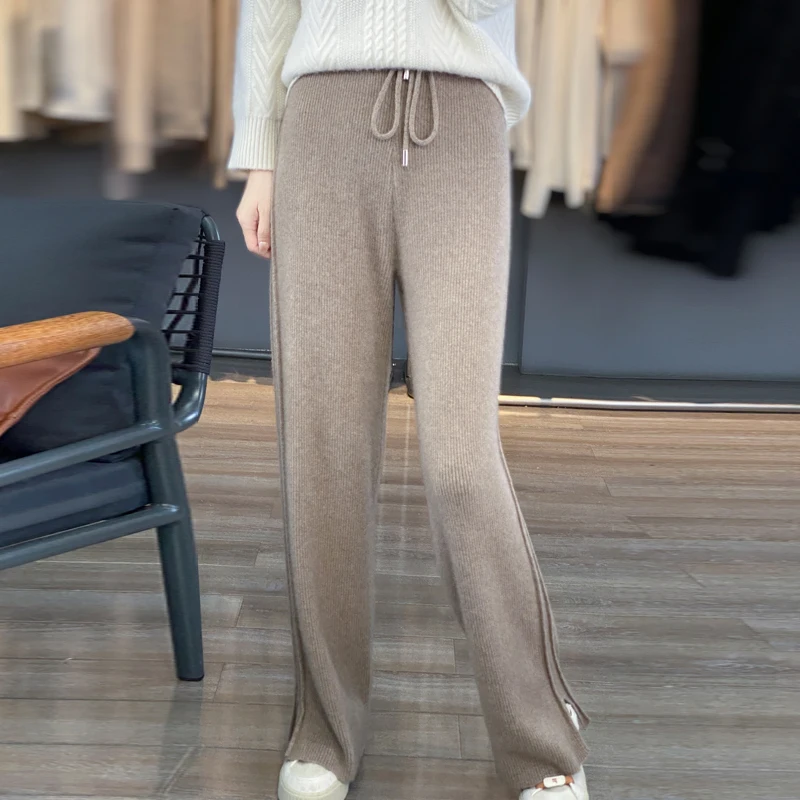 

Осень-зима 2024, новые женские корейские широкие брюки из 100% чистой шерсти с высокой талией, свободные кашемировые вязаные прямые брюки.