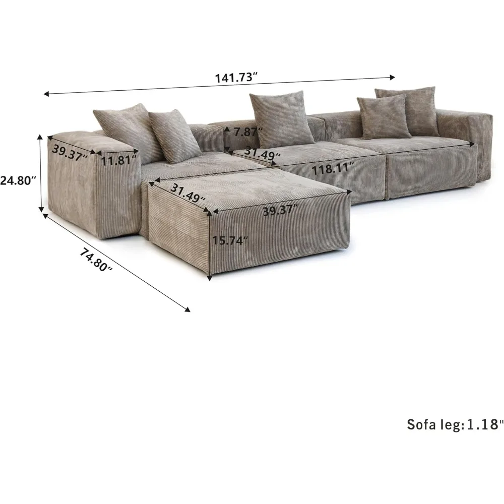 Modern Sectional Couch Sofa, Corduroy Modular Sectional Couch with Chaise Ottoman, Cushion Covers Removable