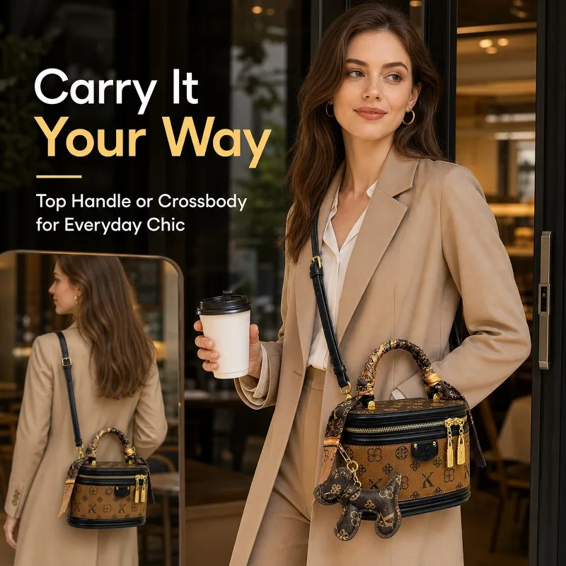 2026 New Women Cylinder Bucket Bag Fashion Crossbody Makeup Pouch Convertible Shoulder Handbag Mini Purse Versatile