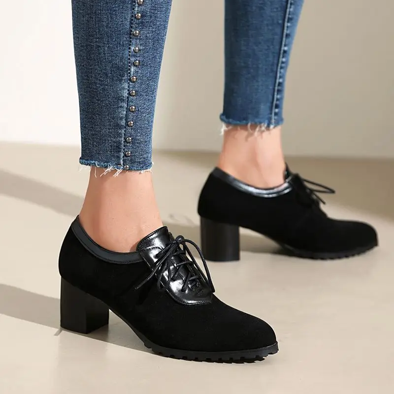 ASILETO 2024 New Office Lady Pumps Round Toe Block Heels 5.5cm Lace Up Flock Suede Plus Size 41 42 43 Mature Daily Women Shoes image 4
