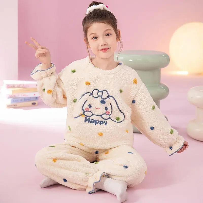 

Sanrio Cinnamoroll пижамный костюм для девочек, зимние топы Vans, брюки, комплект из двух предметов, сохраняющий тепло, кавайная детская одежда с героями мультфильмов, новый стиль