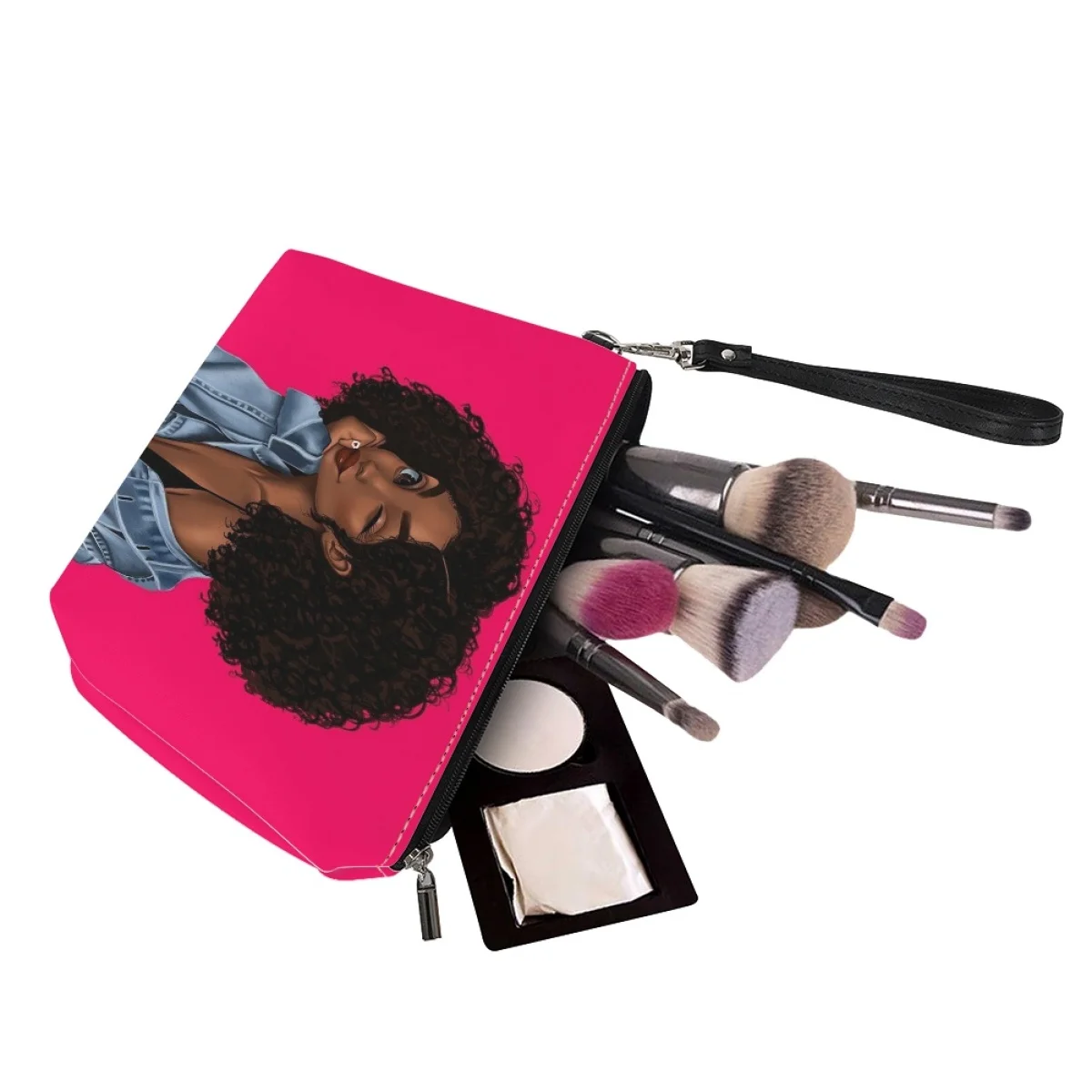 Bolsa de cosméticos con estampado de chica Afro para mujer, estuche de maquillaje con estampado personalizado a pedido, carteras de cuero para mujer, viaje, envío directo