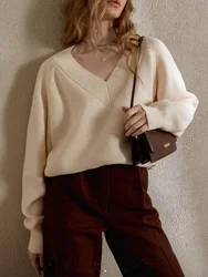 V-neck Sweater Fashion Long Sleeve Vintage Pullover Women Autumn New Style Crochet Top Casual Loose Sweater Woman Winter 2024