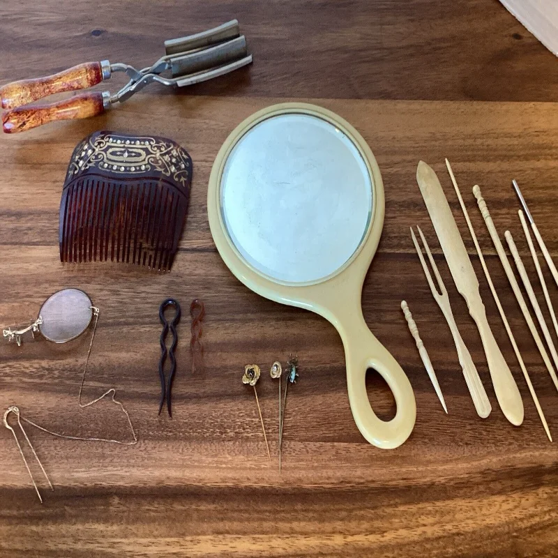 

Antique Hair Styling Tools -Crimper, Comb, Pins, Mirror, Picks, Knitting Lot