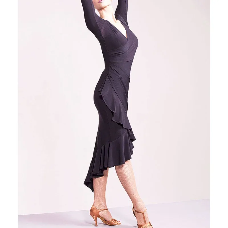 Customized Balloom Standard Dancewear Long Sleeve Front V-Side Wrinkled Bag Hip Split Latin Modern Dance Dress W17007
