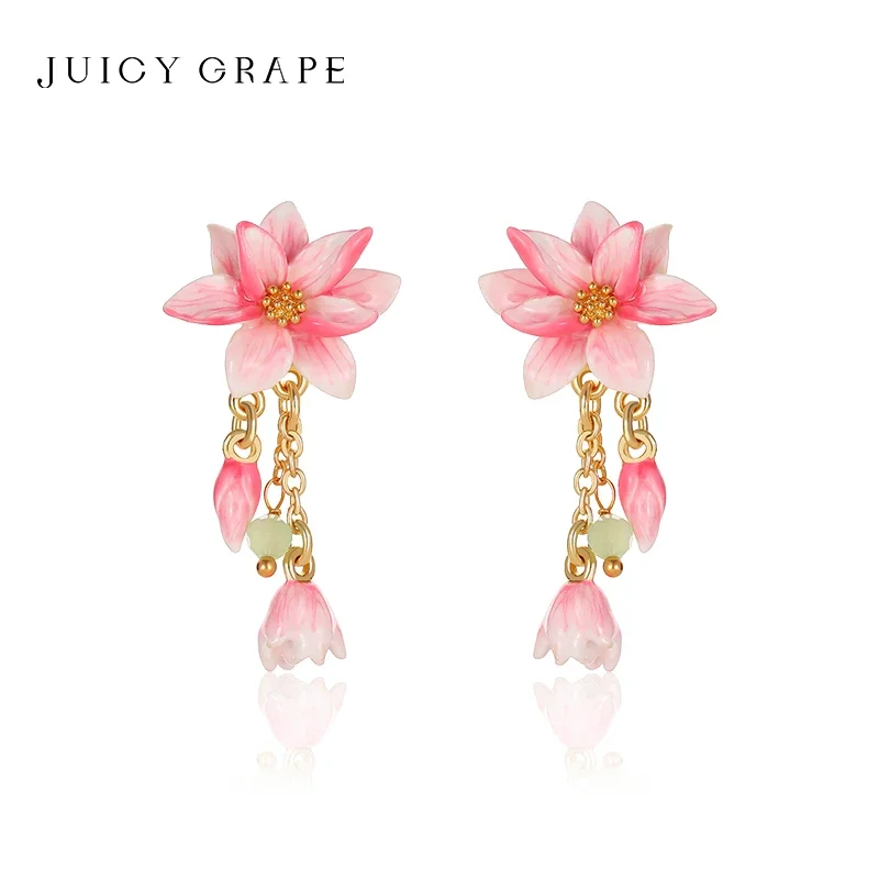 

JUICY GRAPE Pink Magnolia Flower Charm Earrings for Women S925 Silver Needle Original Design Light Luxury Summer Jewelry