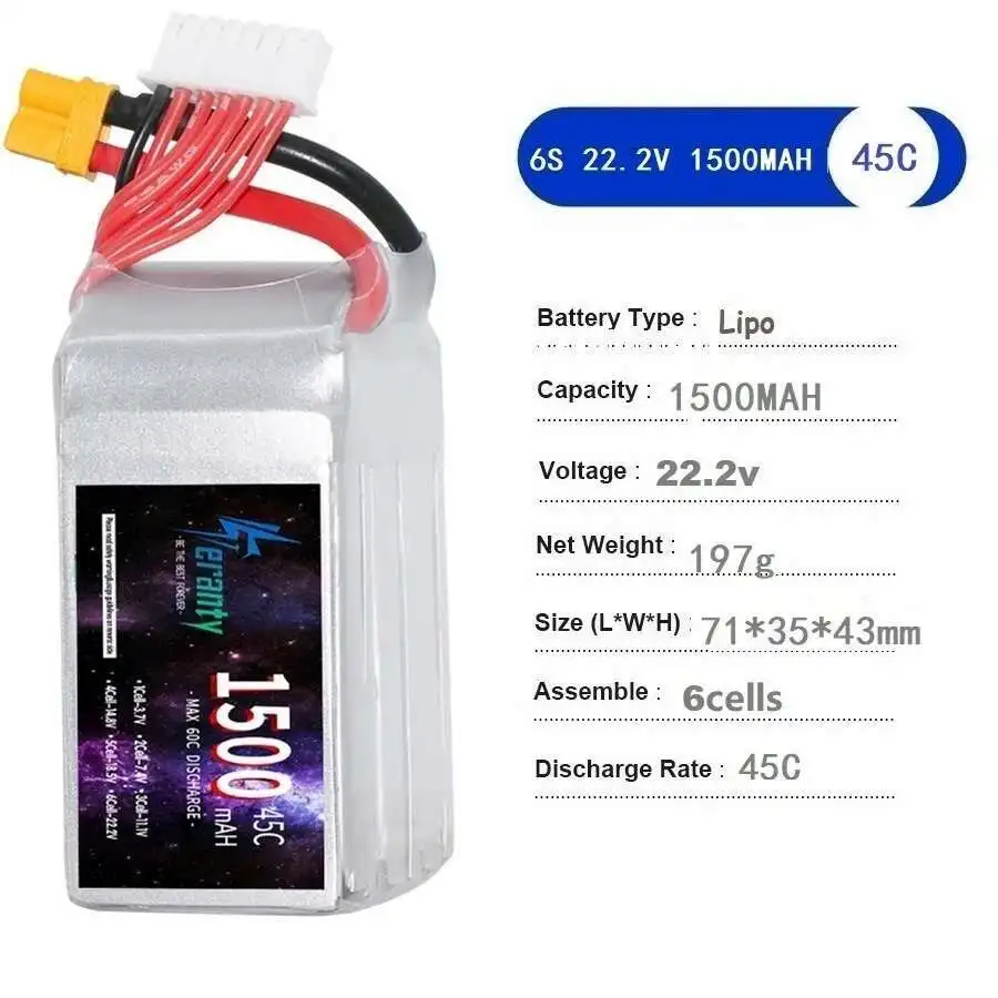 TERANTY 1500MAH 6S بطارية 45C 22.2V يبو بطارية ل RC سيارة الطائرة بدون طيار كوادكوبتر قارب T XT60 التوصيل