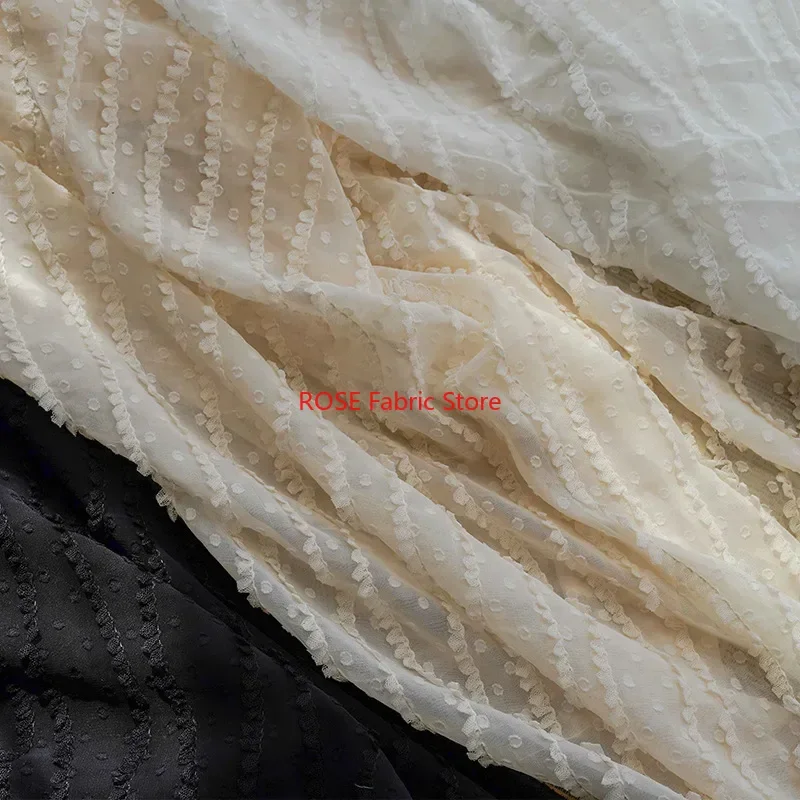 Wave Stripe Dot Jacquard Chiffon Embroidery Fabric for Summer Dress, Designer Fabric, Dress Show, Beach Dress