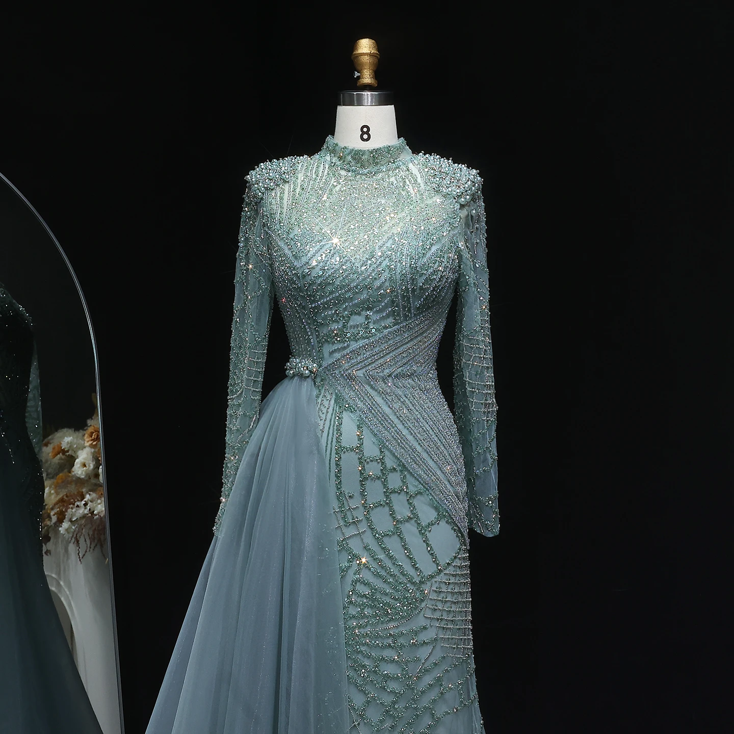Sharon Said Luxuriöses Perlenbesetztes Staubrosafarbenes Abendkleid mit Schlitz-Seitenrock, Damenkleid mit Langen Ärmeln für Hochzeitsfeier, SS064 Maßanfertigung – Detail 11