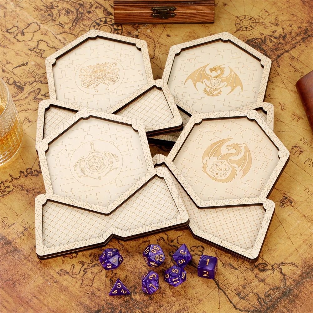 Novel Wooden Coasters with 7pcs/Set Purple Polygon Game Dices Set Irregular Shaped Wood Cup Mats