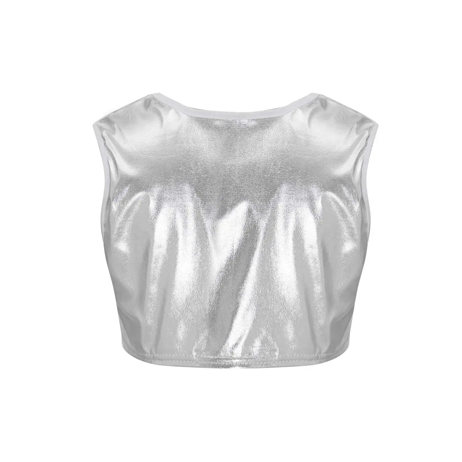 Kids Boys Girls Metallic Dance Tops Sleeveless Shiny Tank Crop Top Vest For Gymnastic Ballet Dancewear Stage Performance Clothes