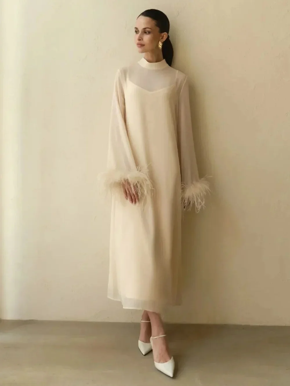 JDY Personalizzato Squisito Chiffon Piuma Pieghettato Tubo Dritto O-Collo Abito Midi Abito da Cocktail Moderno Stile Pastorale Cinese