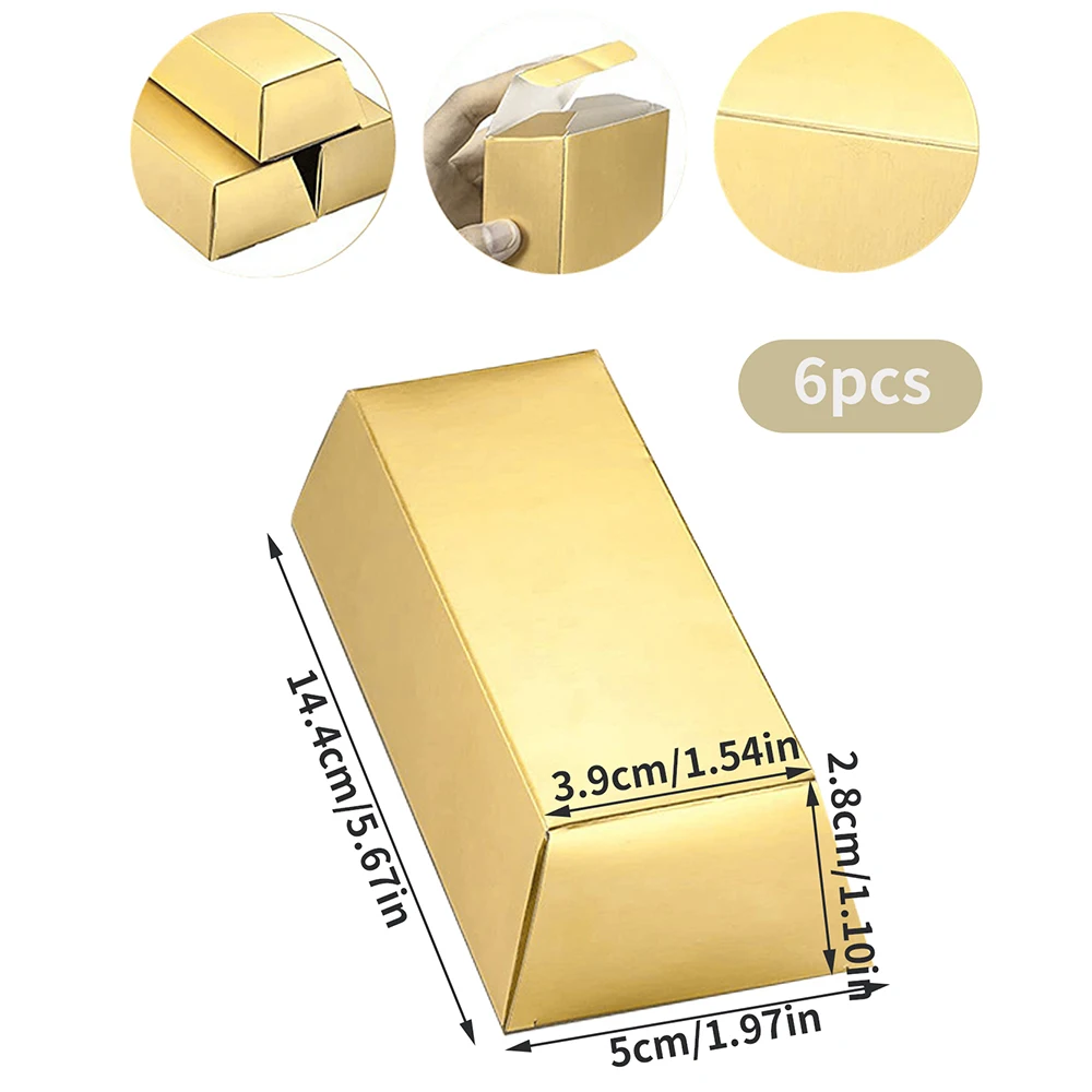 6Pcs Gold Bars Fake Bar Gift Box Party Favor Chocolate Gold Coins Foil Treasure Brick Paper Boxes for Christmas Wedding