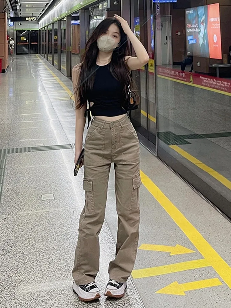 

Retro American Khaki Workwear Jeans High Waist Slim Straight Floor-Length Pants for Taller Women Autumn Season Extended Length