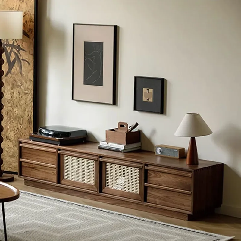 Nordic Solid Wood TV Stand Black Walnut Bone Inlay Media Console for Living Room Small Apartment Audio Visual Storage Cabinet