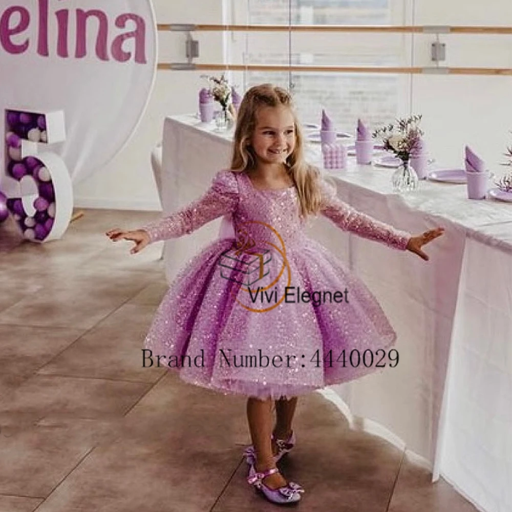 Purple Flower Girl Dresses Sequined 2025 Full Sleeve Wedding Party Gowns for Birthday New Real Picture Summer فساتين اطفال ل