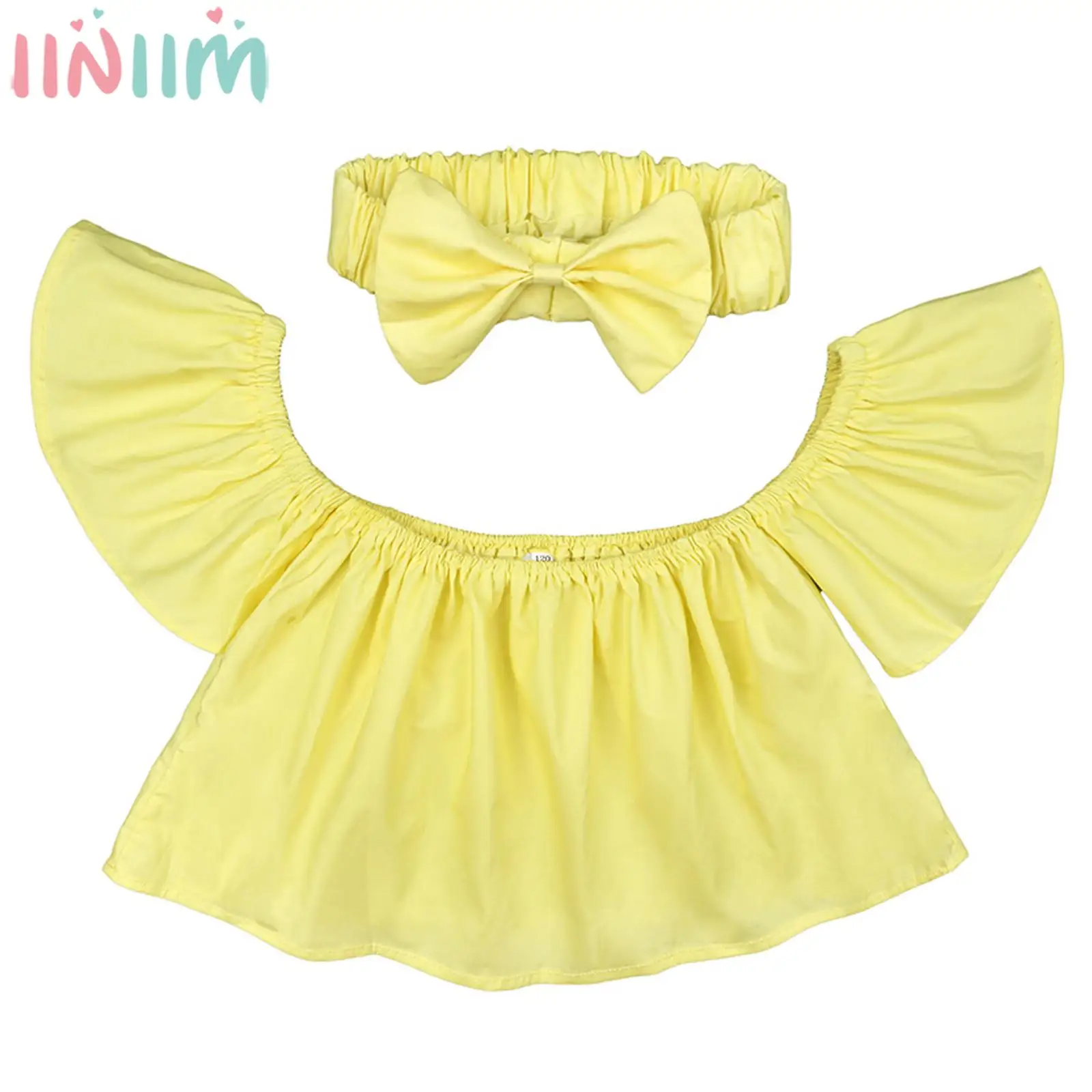 

Girls Off-shoulder T-shirt with Bowknot Headband Flying Sleeve Solid Color Ruffle Tops Kids Summer Casual College Style Costume