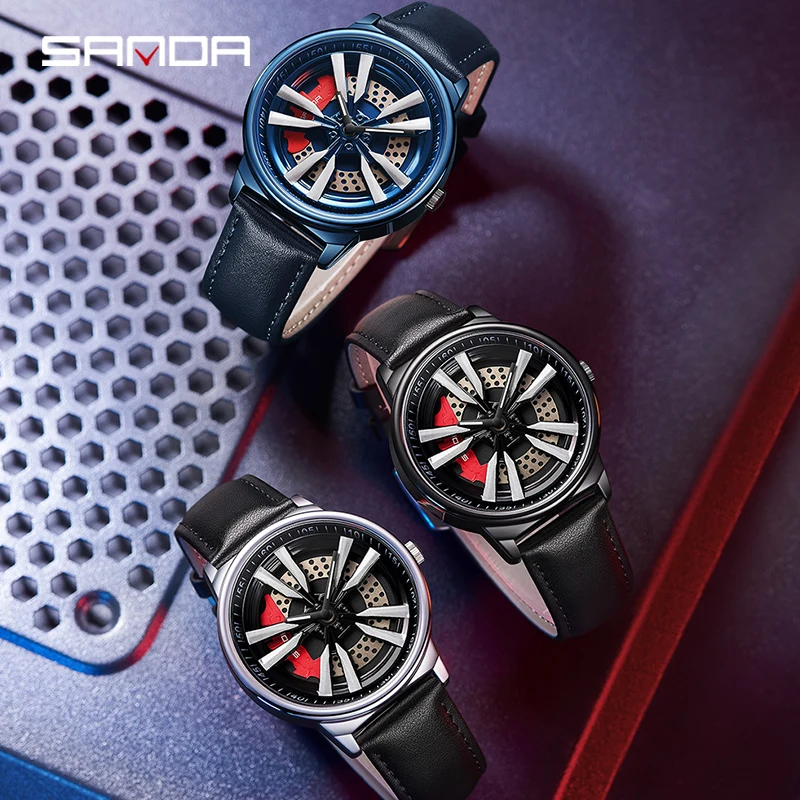SANDA-reloj deportivo de cuarzo para hombre, cronógrafo con correa de cuero, cubo de rueda de coche, estilo militar, nuevo diseño, P1111