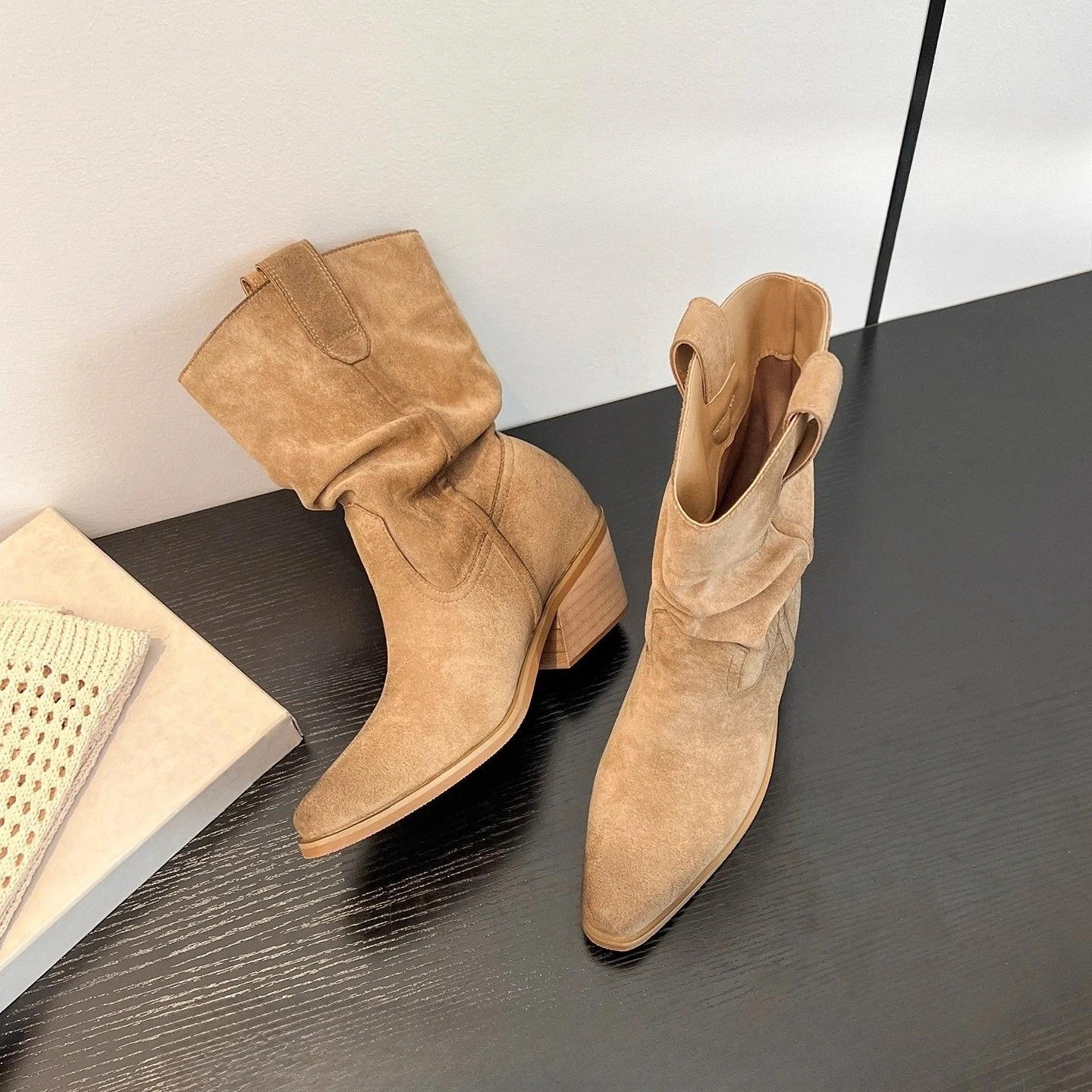 Women Retro Mid Calf Boots Sexy High Heel Slouchy Suede Western Cowboy Boots V Cut Pull on Slim 2026 Autumn Winter New