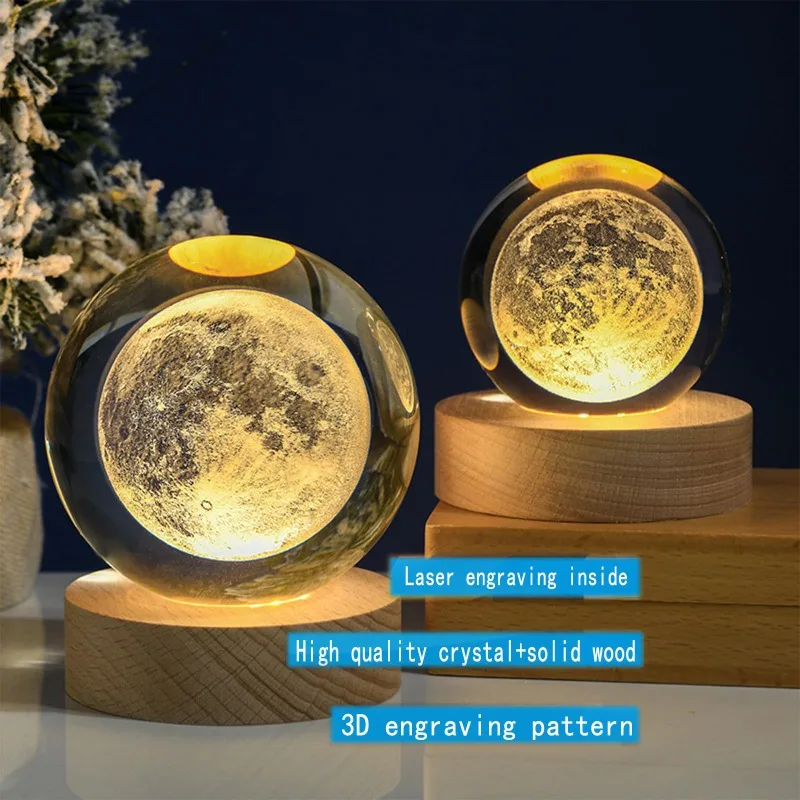 3D Moon Crystal Glass Globe Creative Clear Galaxy Saturn Crystal Sphere Bedside Night Light House Decoration Desk Accessories