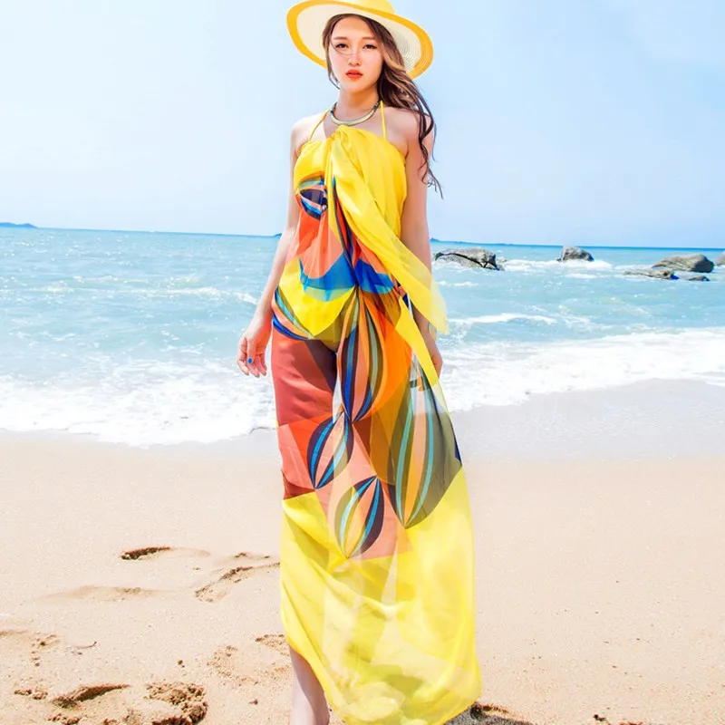 Women Beach Sarongs Scarf Beach Cover Up Summer Chiffon Scarves Geometrical Design Plus Size Towel Ladies Summer Beachwear