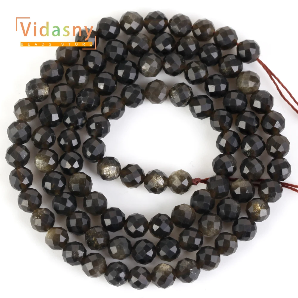 2/3/4mm Natural Stones Faceted Gold Color Obsidian Round Loose Beads for Jewelry Making Fit DIY Bracelets Necklace Accessories