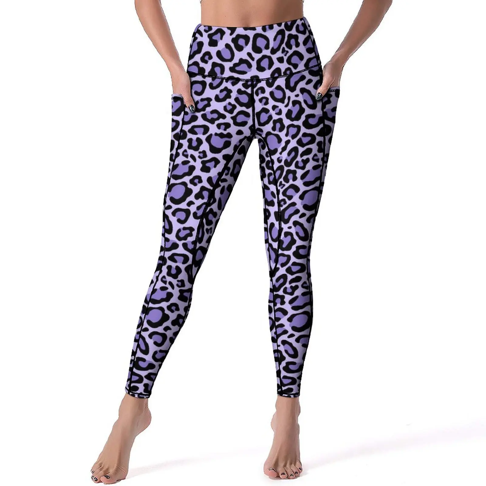 สีม่วง Spotted Leopard Leggings สัตว์พิมพ์ฟิตเนสกางเกงโยคะสูงเอวน่ารัก Legging รูปแบบยืดหยุ่นกีฬา Tights ไอเดียของขวัญ