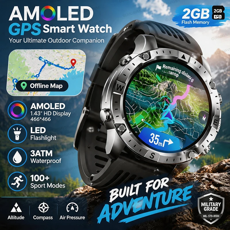 New Military Offline Map Man Smart Watch Outdoor GPS 1.43"AMOLED Screen 3ATM Waterproof LED Flashlight 730mAh BT Call Smartwatch