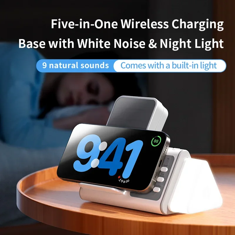 5 in 1 Wireless Charger Phone Stand For iPhone 16 15 14 13 15W LED White Noise Magnetic Dock Station For Apple Watch Earphones