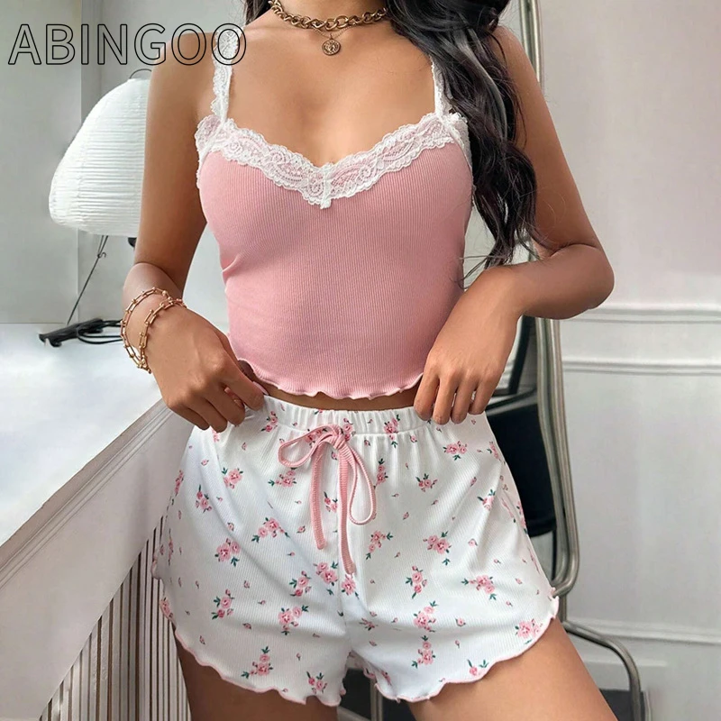 ABINGOO Ladies Homewear Lace Camisole and Floral Shorts 2PCS Pajamas Set Soft Stretchy Casual Women Cute Y2K Short Pajamas Set