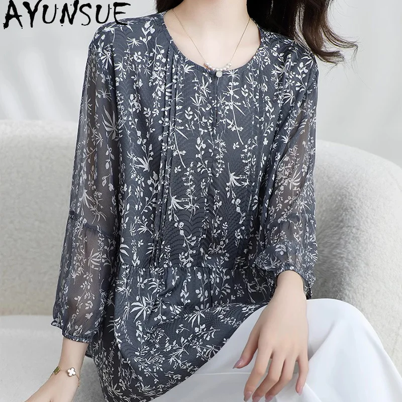 

AYUNSUE 92% Mulberry Silk Women's T-shirts Good Quality O-neck Floral Tops for Woman Elegant Woman Clothes Summer Топ Женский